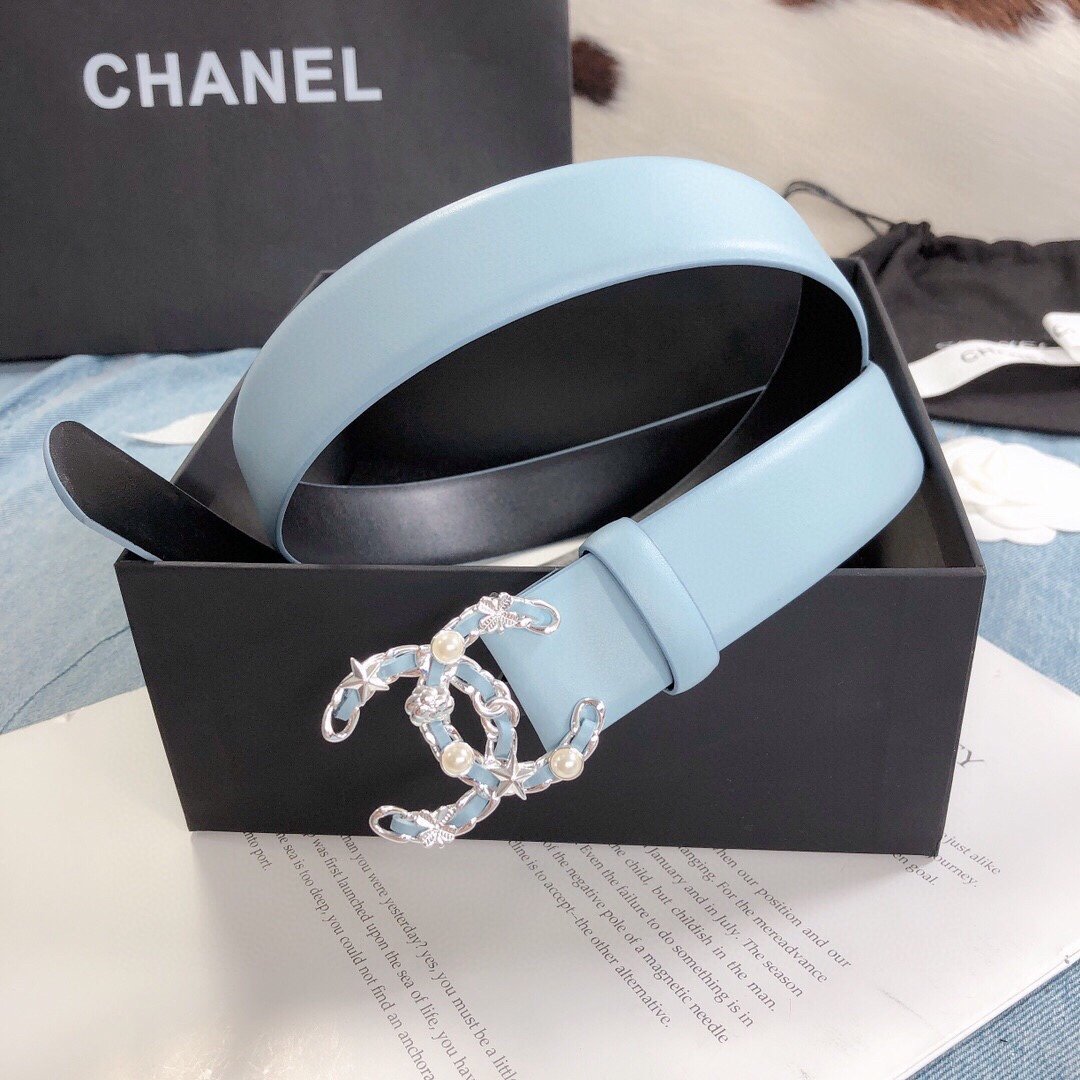 Chanel Belt With Double C Buckle Light Blue Silver Toned Hardware Women Belt 30MM - Image 3