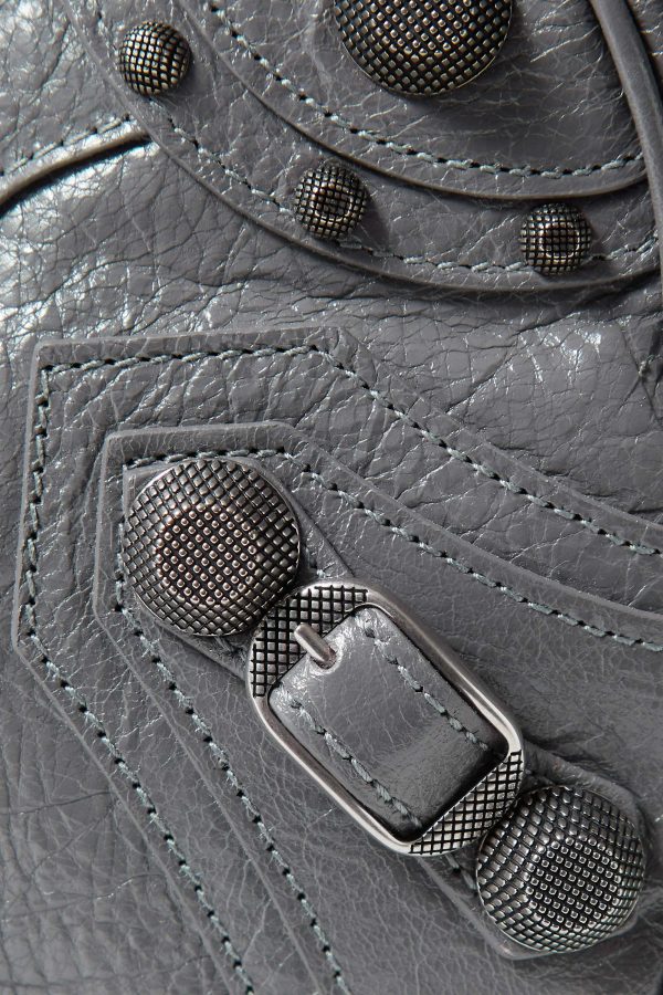 BALENCIAGA Le Cagole small studded crinkled-leather shoulder bag Grey