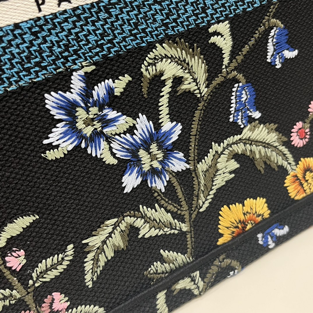 Dior Book Tote Medium Black Multicolor DiorPetitesFleurs Embroidery - Image 9