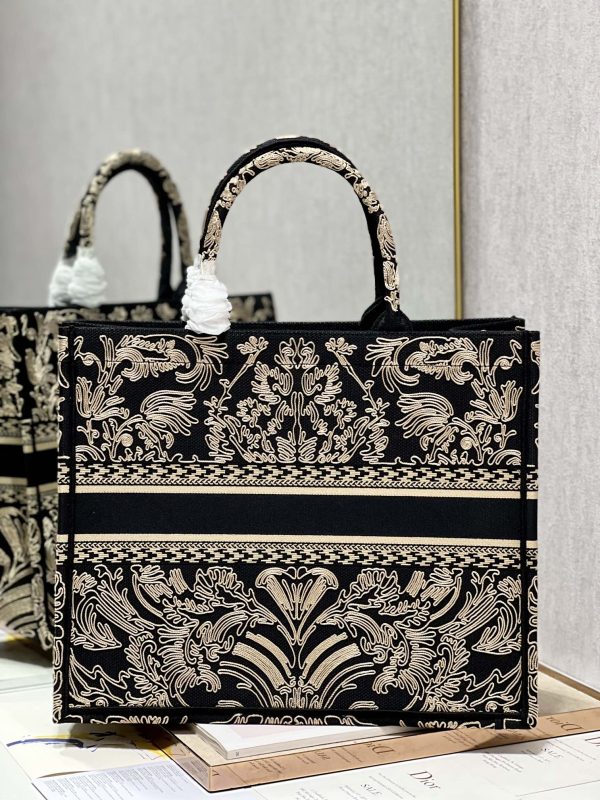 Dior Book Tote Large Black and White Ornamental Cornely-Effect Embroidery