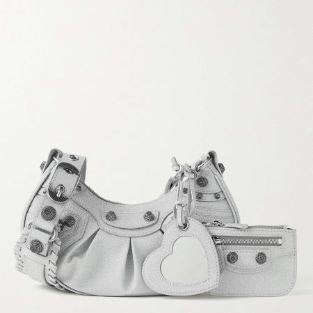 BALENCIAGA Le Cagole XS studded metallic canvas shoulder bag grey