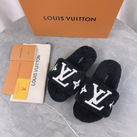 LV His & Hers Furry Slippers Sandals Black - Image 2