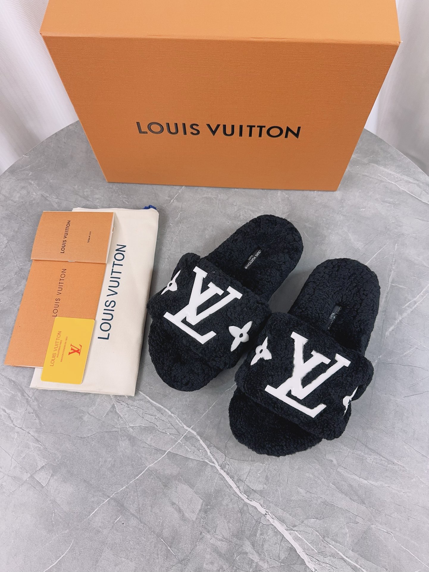 LV His & Hers Furry Slippers Sandals Black - Image 2