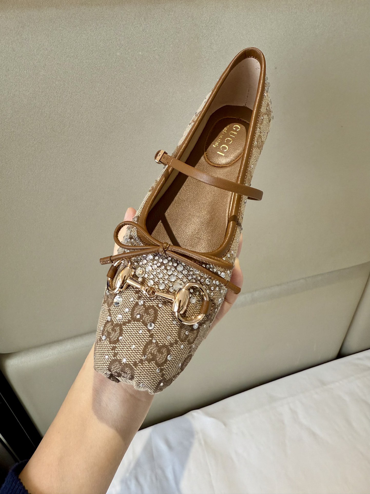 Gucci Women's GG Crystal Gucci Horsebit Ballet Flat in Beige - Image 4