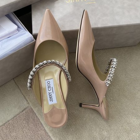Jimmy Choo Bing 100 Ballet Pink Patent Leather Mules with Crystal Strap - Image 8