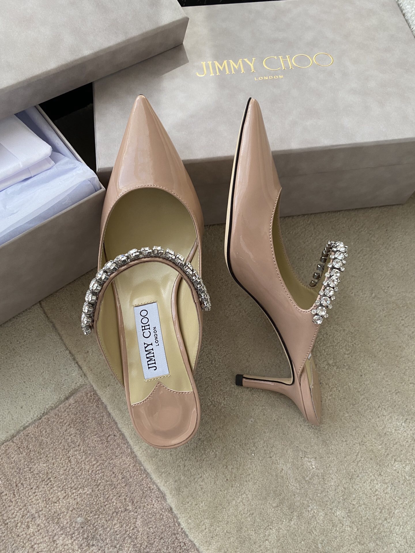Jimmy Choo Bing 100 Ballet Pink Patent Leather Mules with Crystal Strap - Image 8