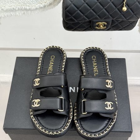 Chanel Black CC Double Breasted Flat Slippers Sandals