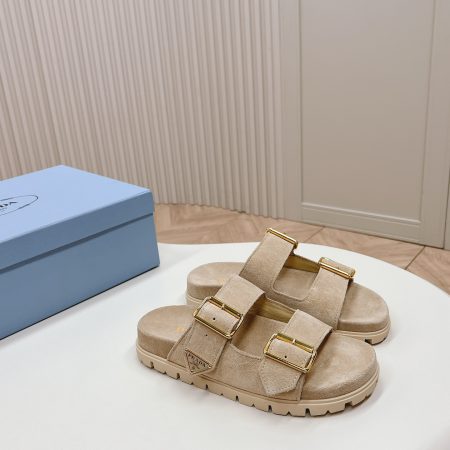 Prada Double Buckle Strap Slides 20 Light Brown Suede - Image 2