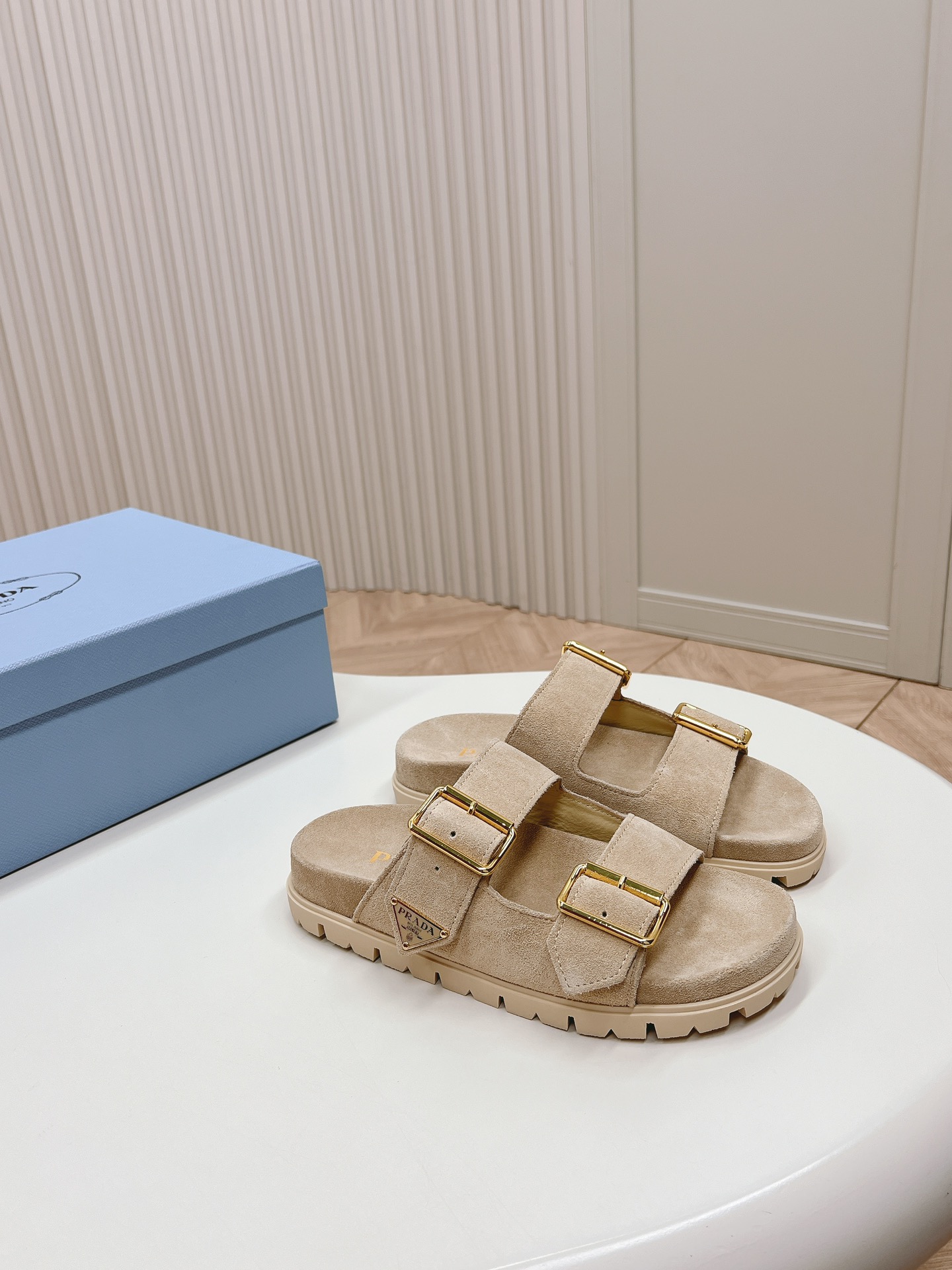 Prada Double Buckle Strap Slides 20 Light Brown Suede - Image 2