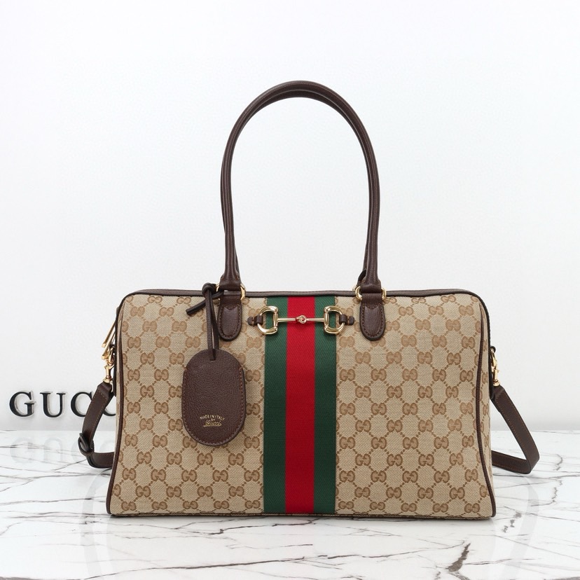 Gucci Borsetto Medium Boston Bag in Sand and Brown GG Canvas - Image 1