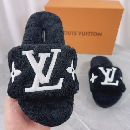 LV His & Hers Furry Slippers Sandals Black - Image 4