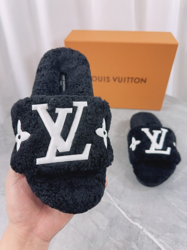 LV His & Hers Furry Slippers Sandals Black