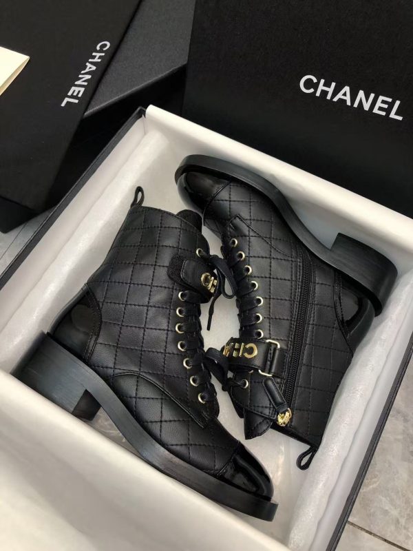 Chanel Qulited Lace Up Combat Boots Black
