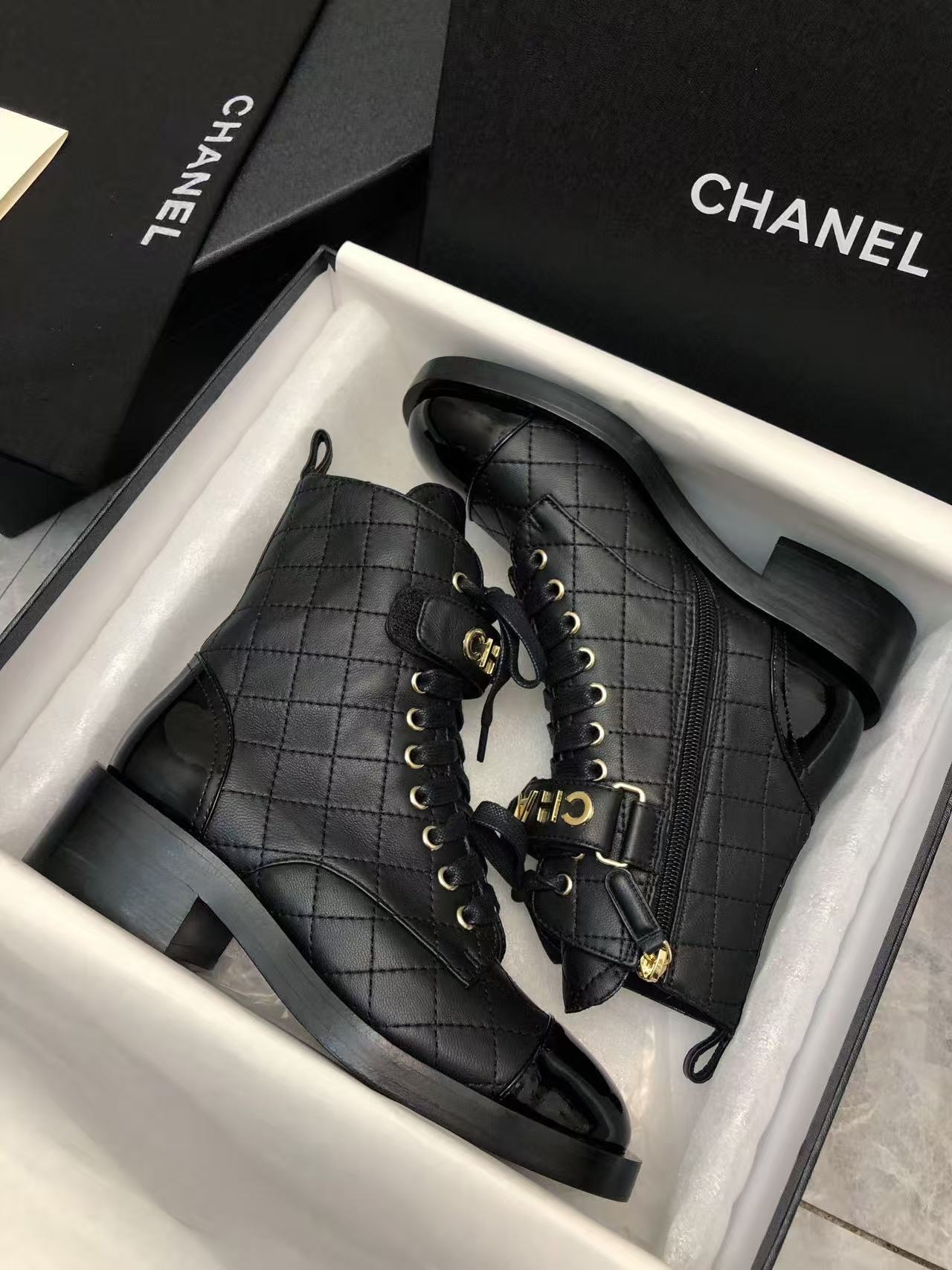 Chanel Qulited Lace Up Combat Boots Black - Image 8