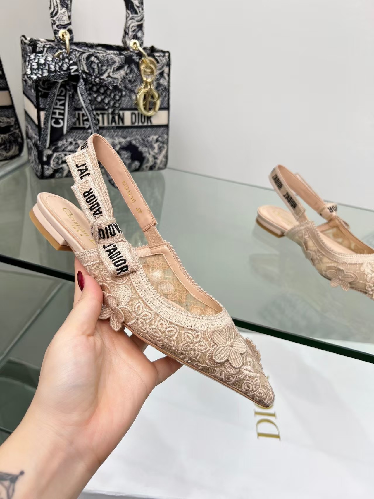 Dior Embroidered Sandals Slingback Flat Mules Pump Pink - Image 4