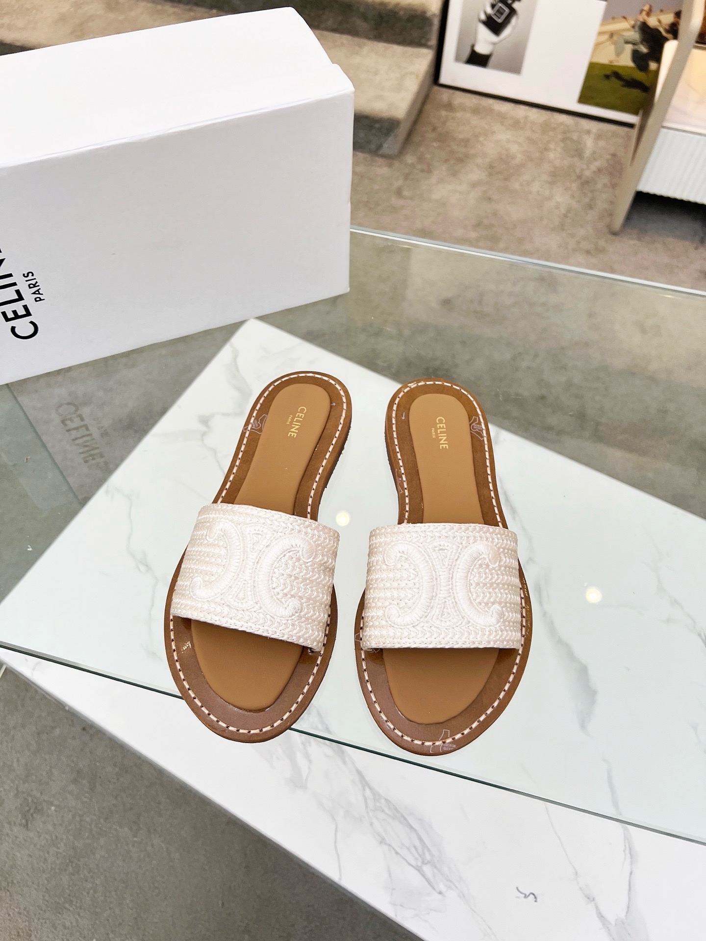 CELINE LYMPIA EMBROIDERED COTTON CANVAS MULES - Image 1