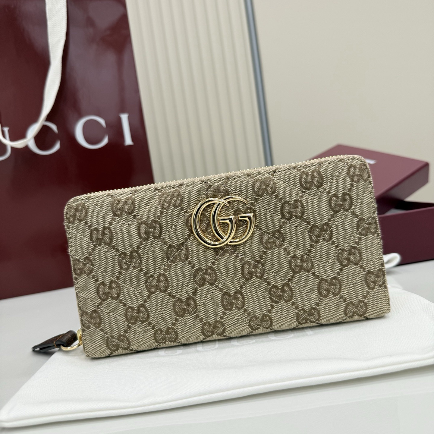 Gucci Marmont Zip Around Wallet in Sand and Brown GG Canvas - Image 1