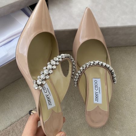 Jimmy Choo Bing 100 Ballet Pink Patent Leather Mules with Crystal Strap - Image 3
