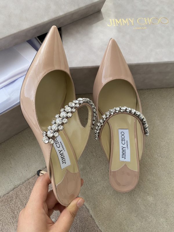 Jimmy Choo Bing 100 Ballet Pink Patent Leather Mules with Crystal Strap