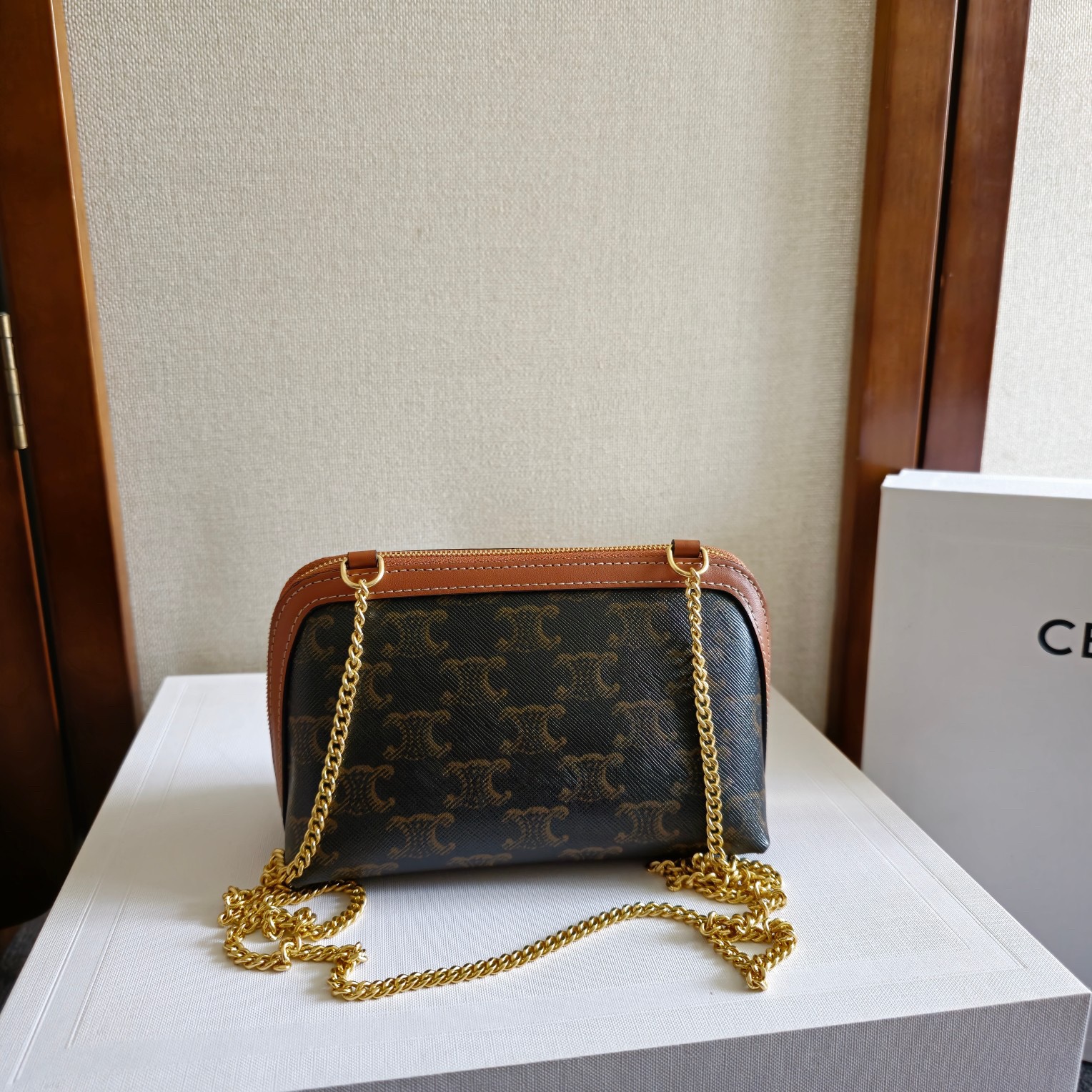 Clutch with Chain in Triomphe canvas and Lambskin - Image 3