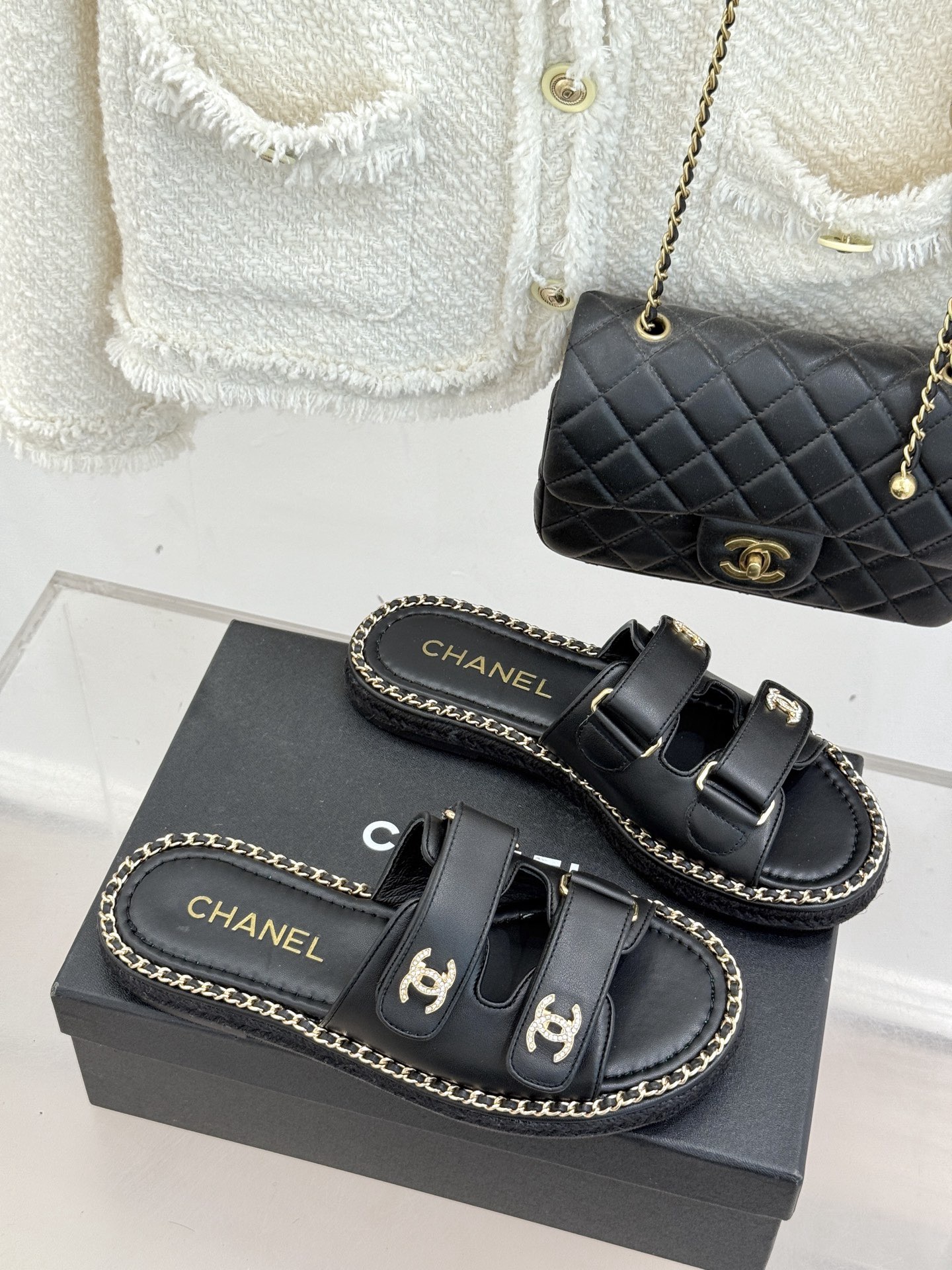 Chanel Black CC Double Breasted Flat Slippers Sandals - Image 2