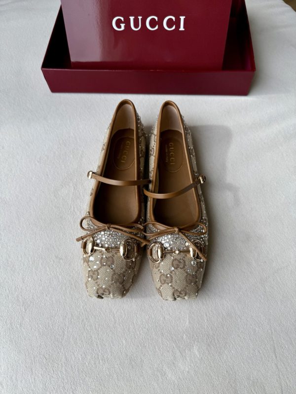 Gucci Women's GG Crystal Gucci Horsebit Ballet Flat in Beige