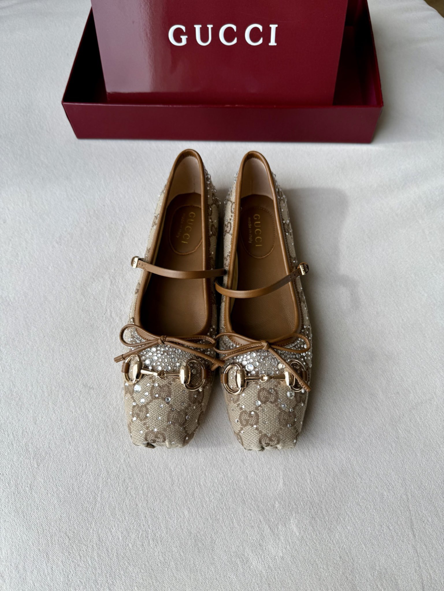 Gucci Women's GG Crystal Gucci Horsebit Ballet Flat in Beige - Image 1