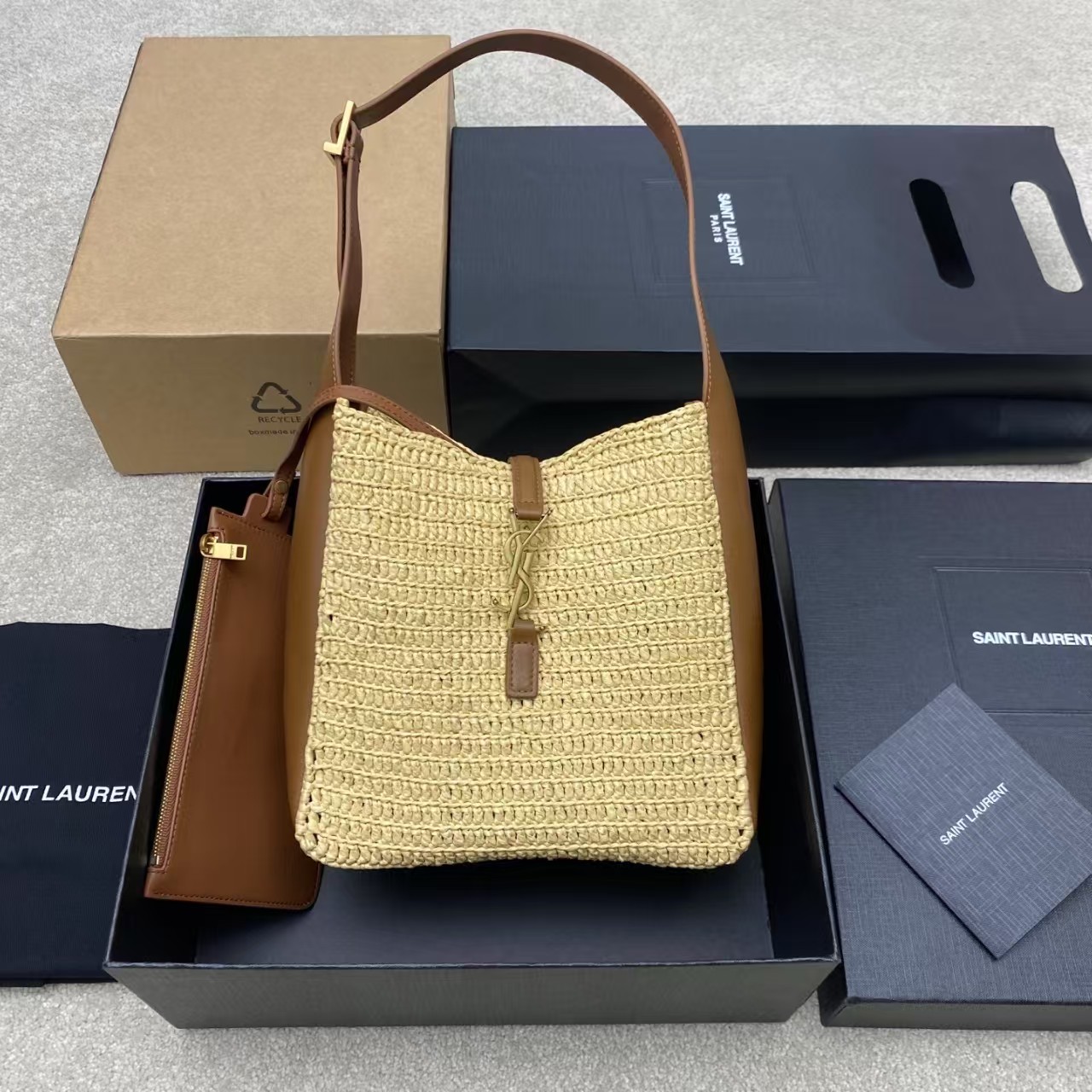 YSL Saint Laurent Le 5 à 7 Supple Small Leather-trimmed Raffia Shoulder Bag - Image 3