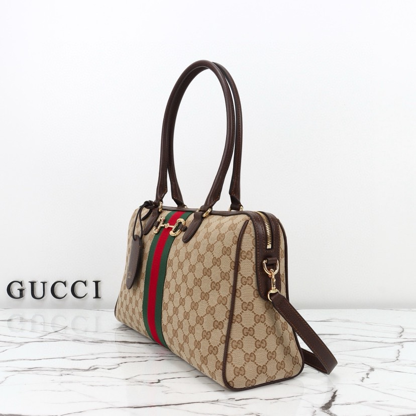 Gucci Borsetto Medium Boston Bag in Sand and Brown GG Canvas - Image 3
