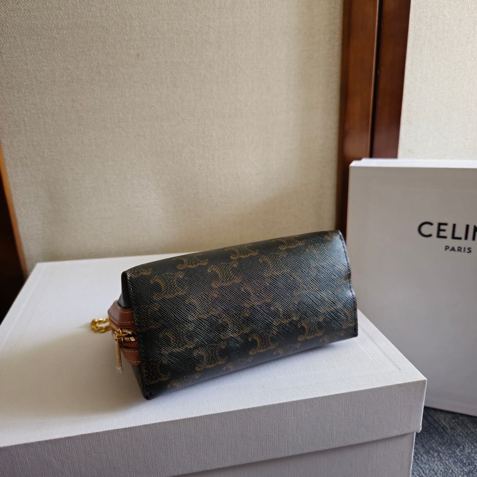Clutch with Chain in Triomphe canvas and Lambskin - Image 4