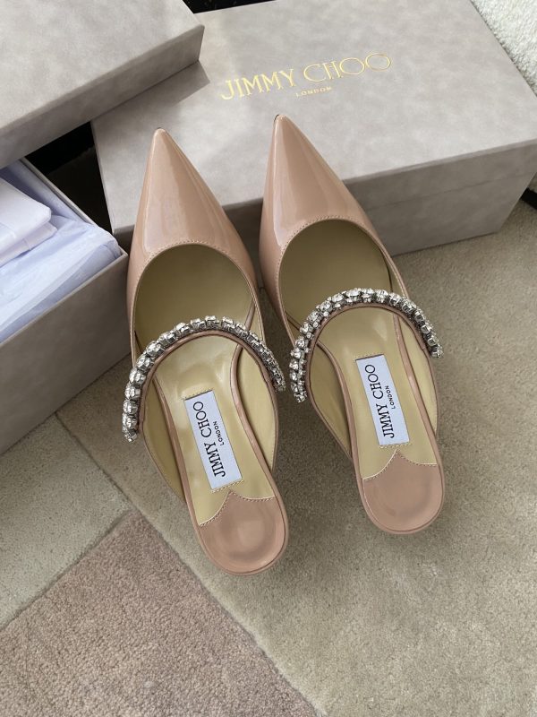Jimmy Choo Bing 100 Ballet Pink Patent Leather Mules with Crystal Strap
