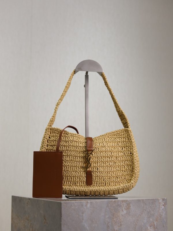 SAINT LAURENT Raffia Calfskin Le Mini Hobo Natural