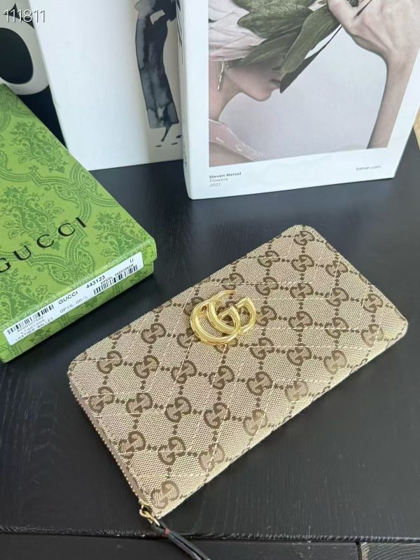 Gucci Marmont Zip Around Wallet in Sand and Brown GG Canvas