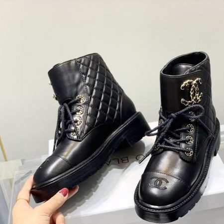 Chanel Shiny Qulited Lace Up Combat Boots Black - Image 4