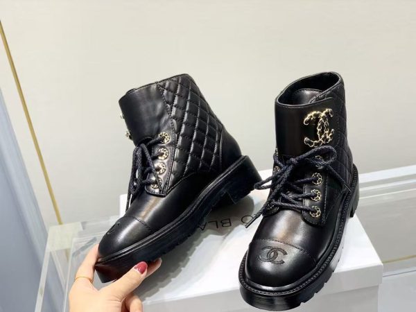Chanel Shiny Qulited Lace Up Combat Boots Black