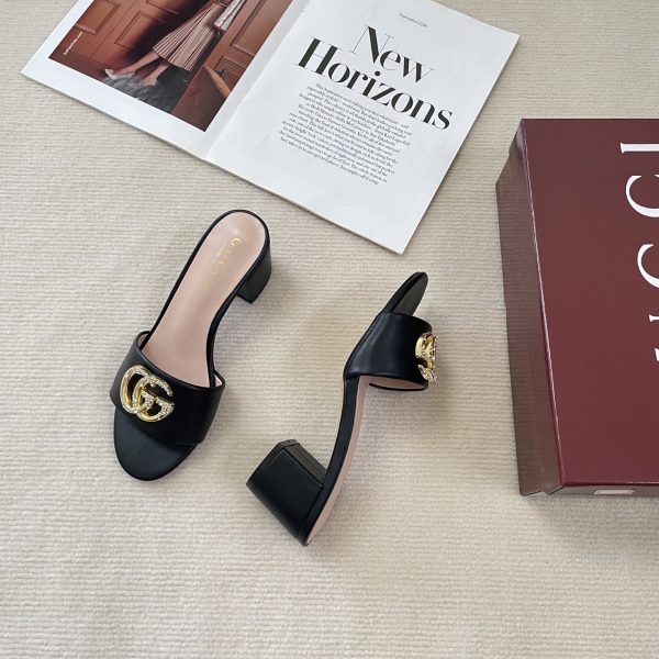 Gucci 25SS Double G Rhinestone Chunky-Heel Slides