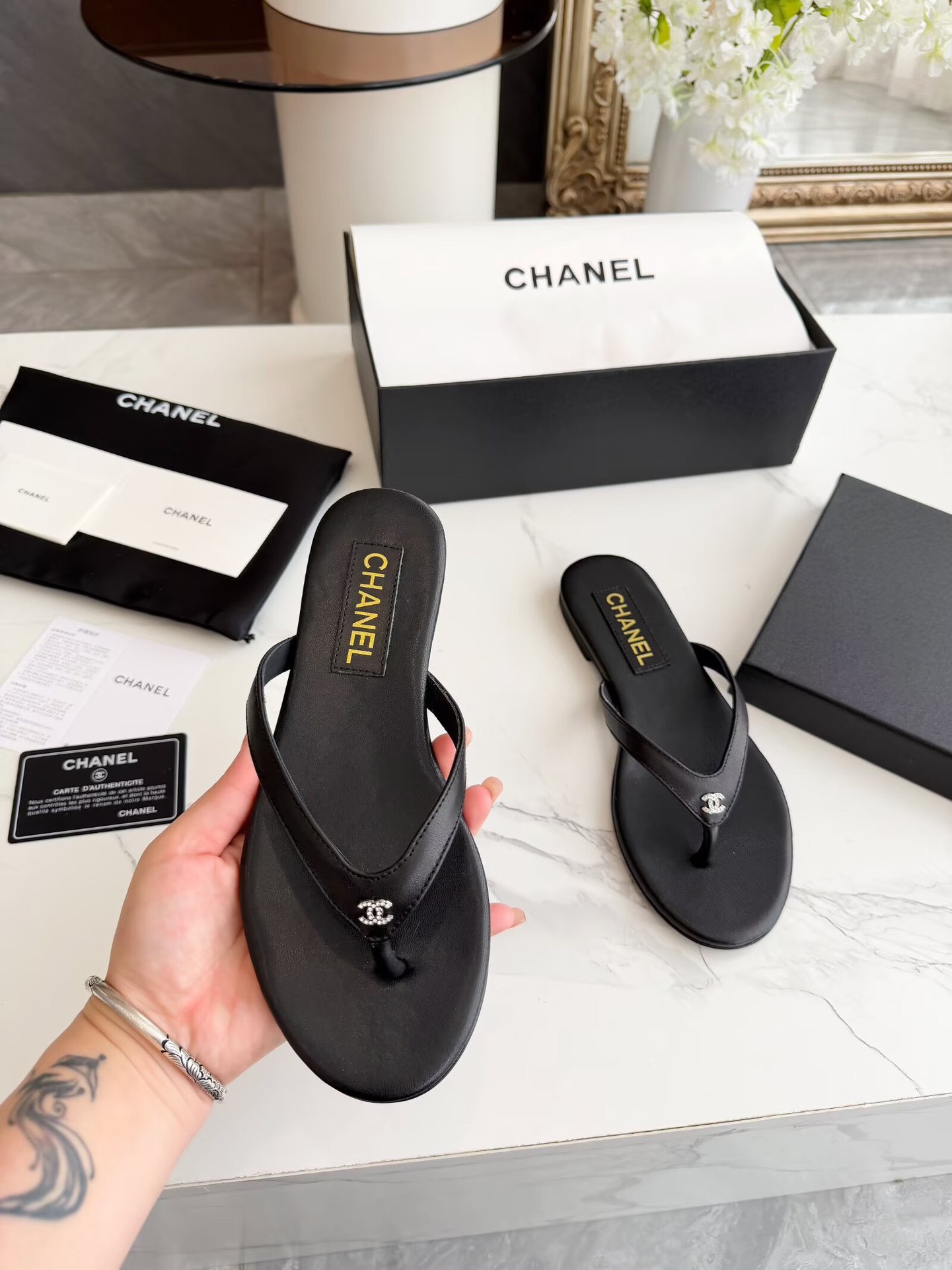 Chanel Black Thong CC Sandals - Image 8