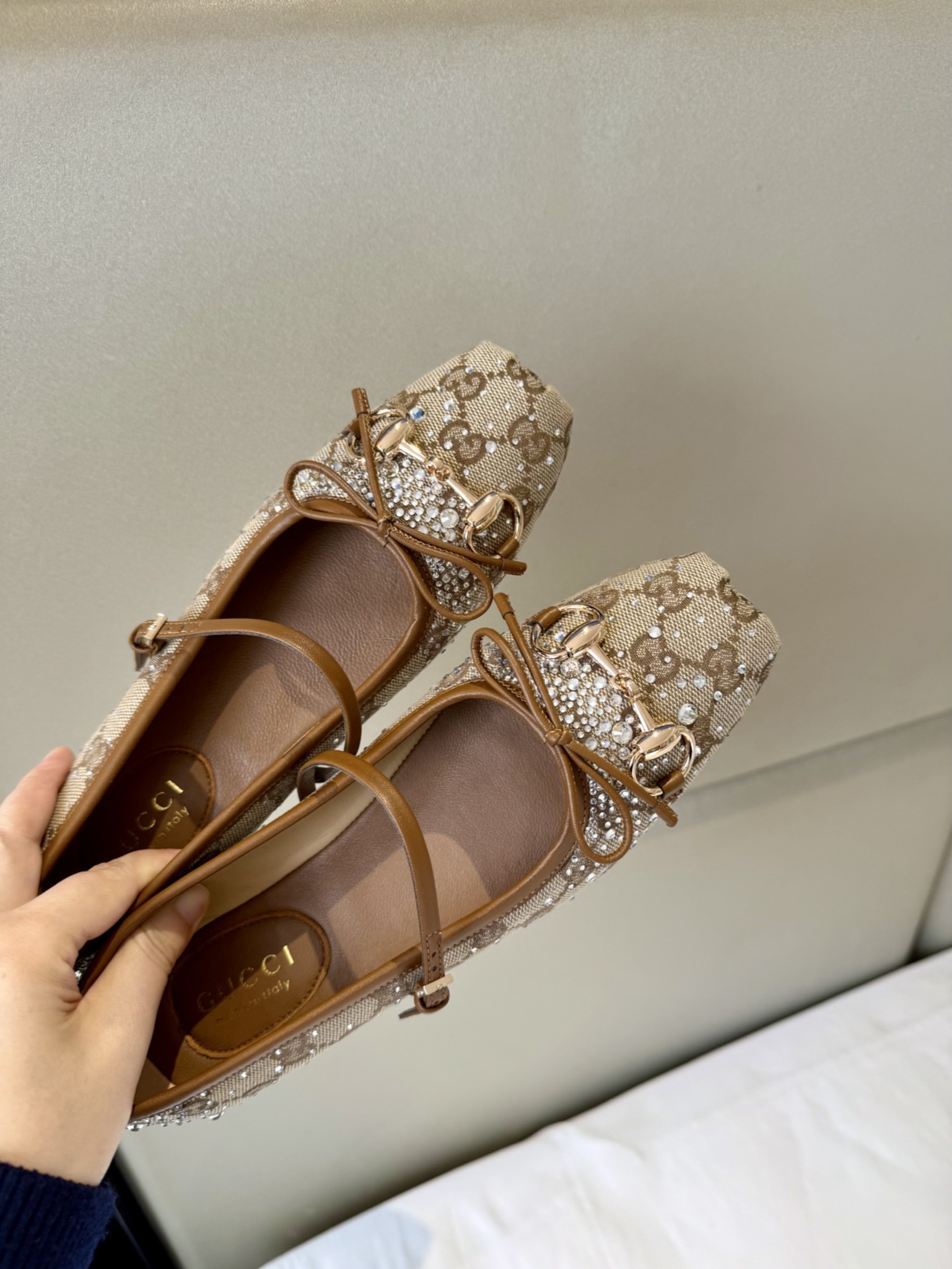 Gucci Women's GG Crystal Gucci Horsebit Ballet Flat in Beige - Image 3