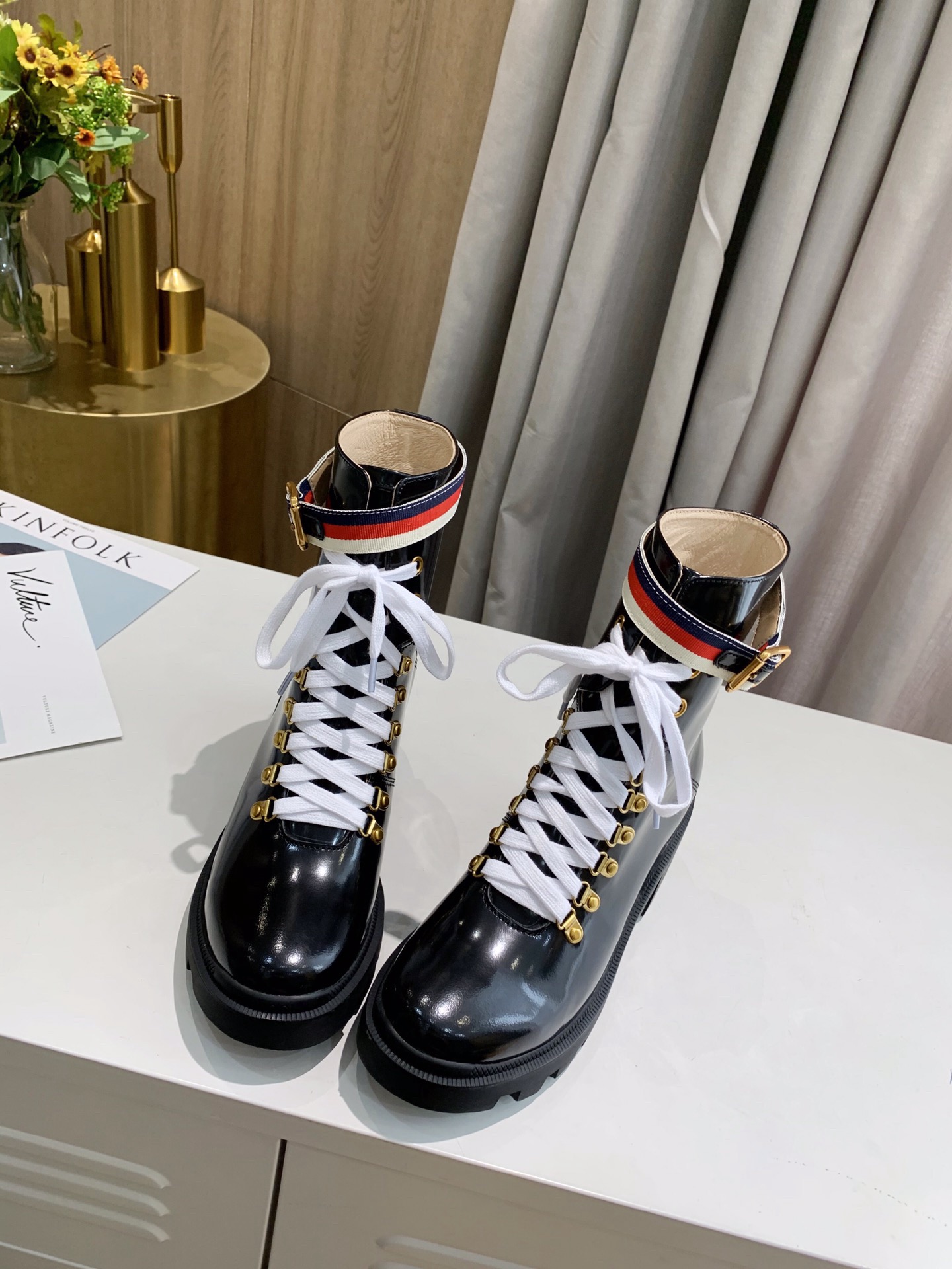 Gucci Sylvie Web Accent Combat Boots - Image 2