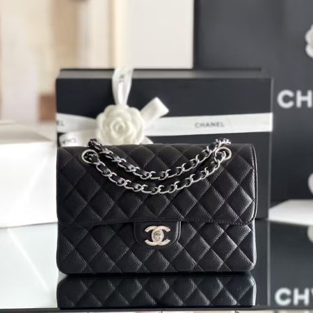 CHANEL Classic Double Flap Quilted Caviar Silver Top Quality