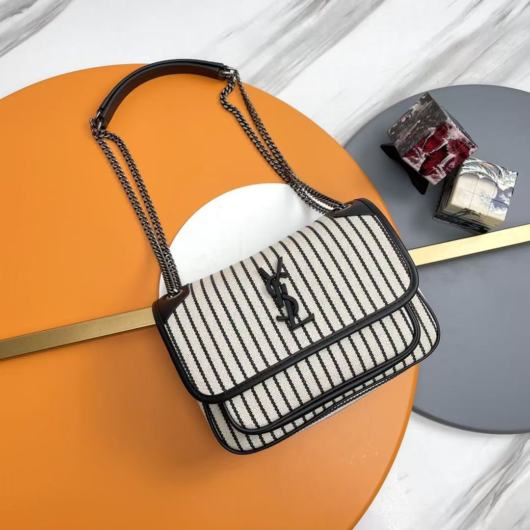 Saint Laurent YSL Cotton Canvas Striped Shoulder Bag - Image 1