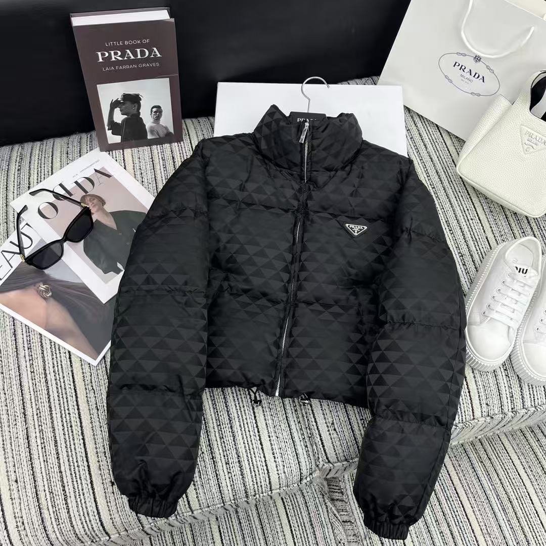 Prada Triangle Subtle Jacquard Logo Stand Collar Down-Filled Cotton Jacket - Image 1
