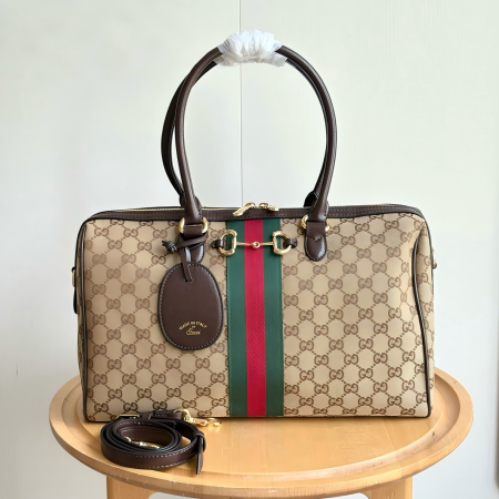 Gucci Borsetto Medium Boston Bag in Sand and Brown GG Canvas - Image 2