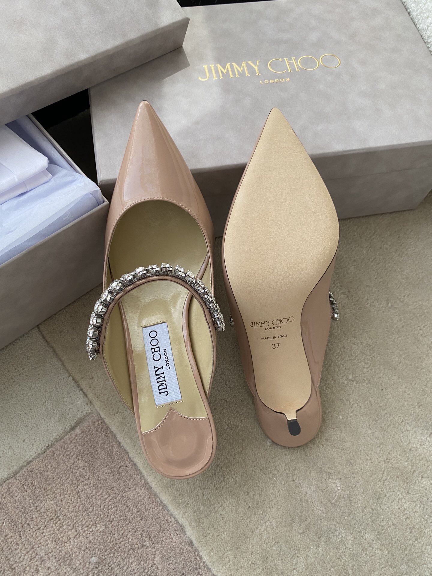 Jimmy Choo Bing 100 Ballet Pink Patent Leather Mules with Crystal Strap - Image 7