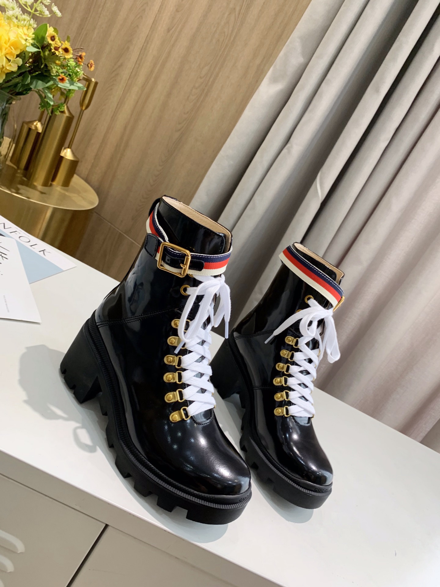 Gucci Sylvie Web Accent Combat Boots - Image 3
