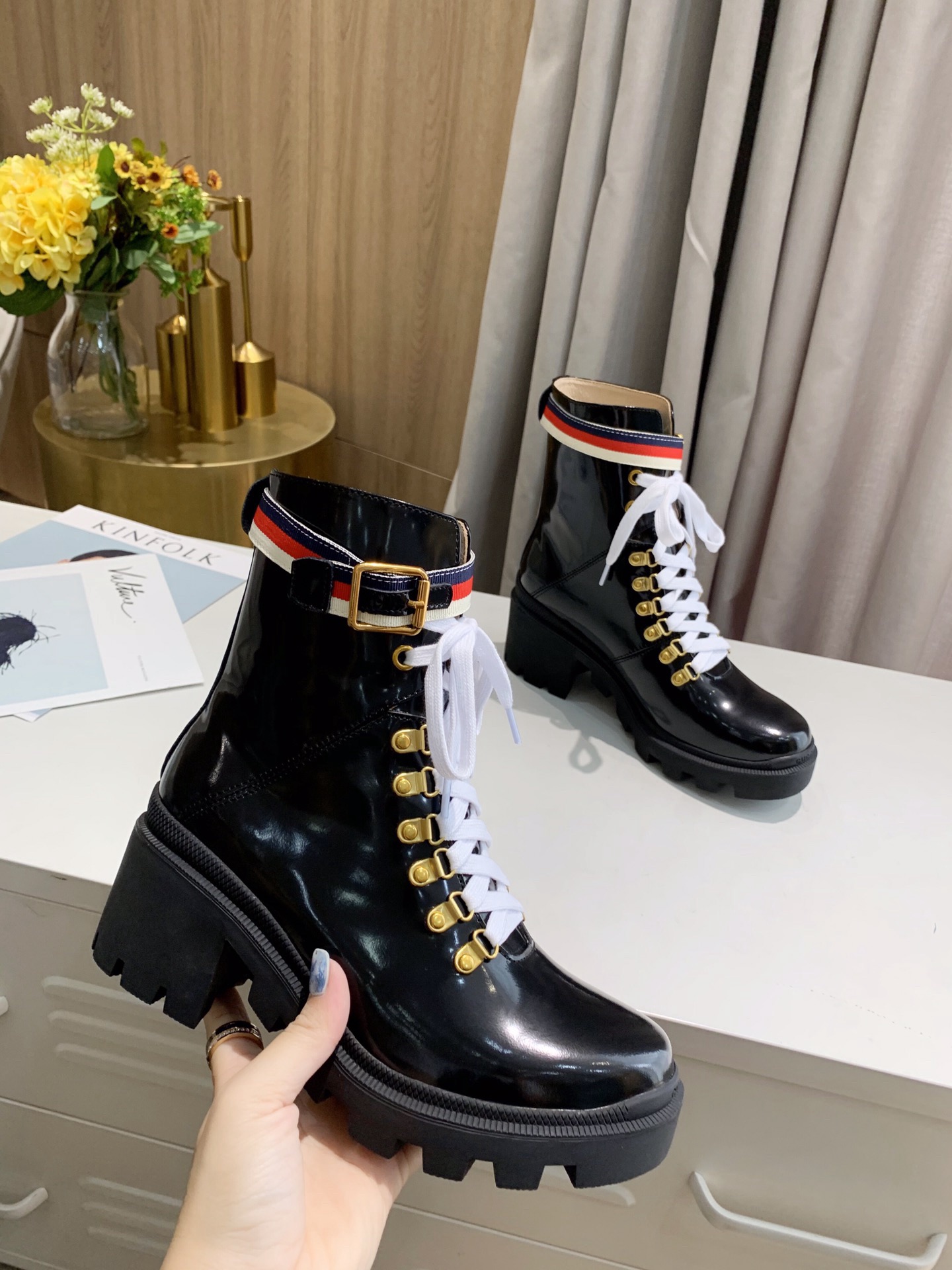 Gucci Sylvie Web Accent Combat Boots - Image 4