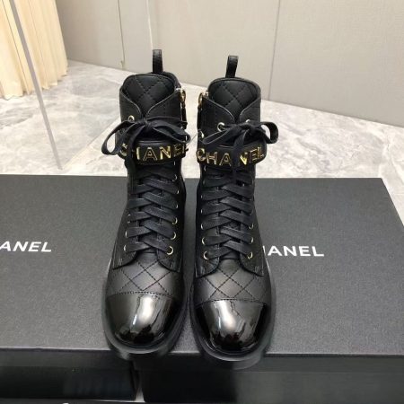 Chanel Qulited Lace Up Combat Boots Black