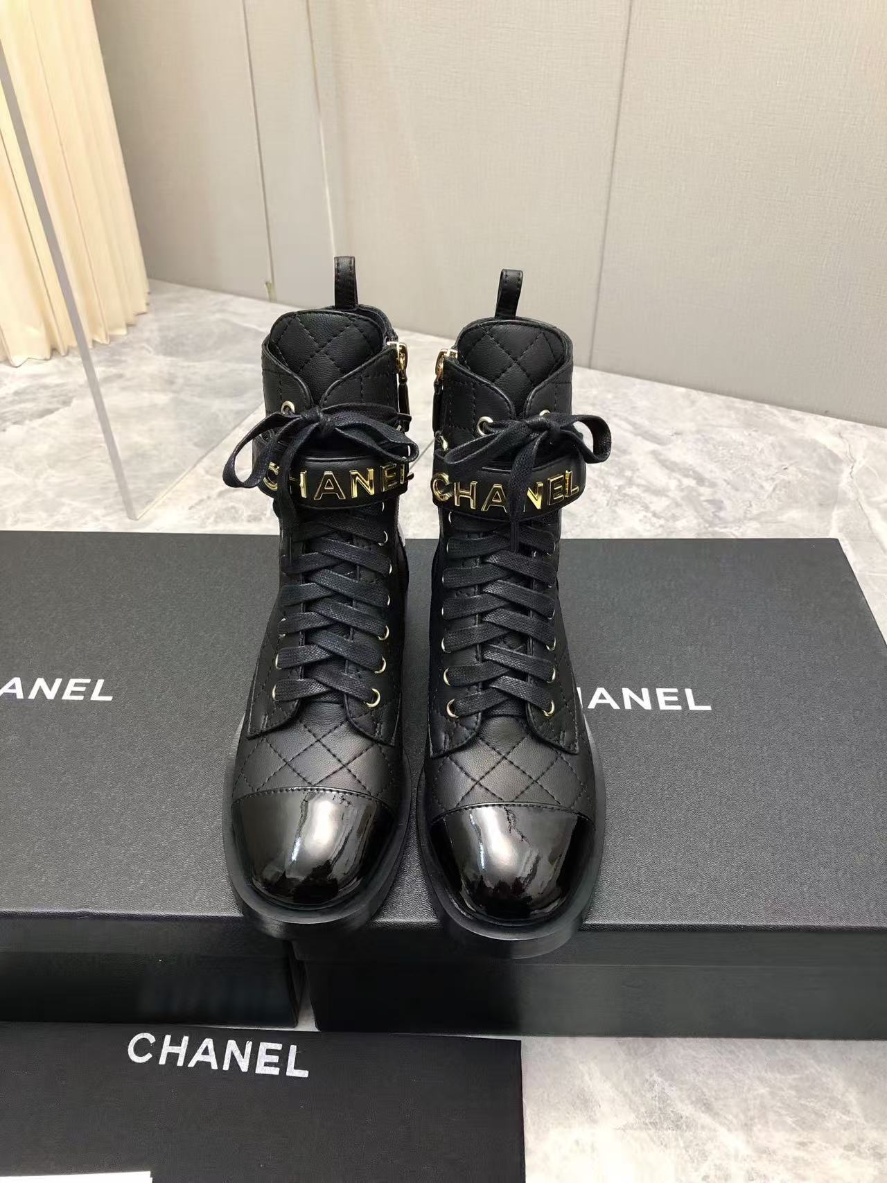 Chanel Qulited Lace Up Combat Boots Black - Image 1