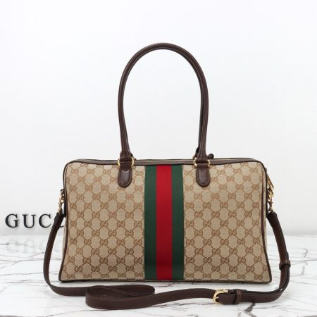 Gucci Borsetto Medium Boston Bag in Sand and Brown GG Canvas - Image 4