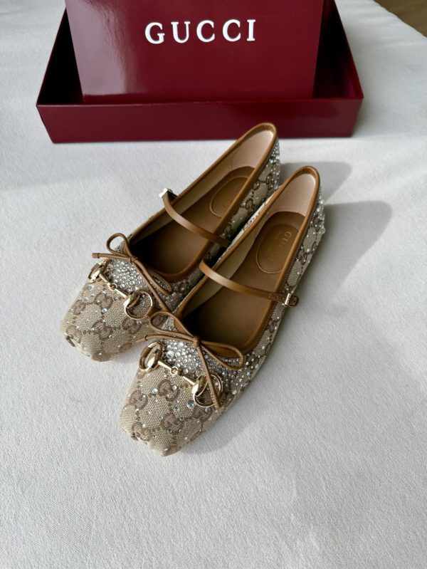 Gucci Women's GG Crystal Gucci Horsebit Ballet Flat in Beige